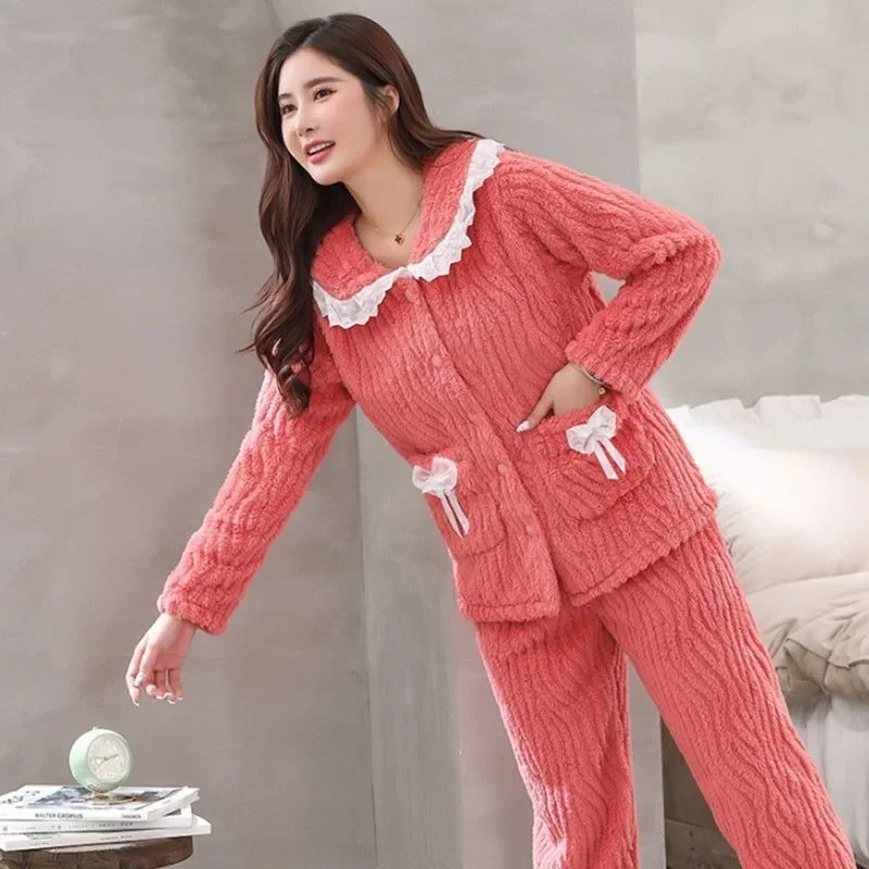 

Pajama Women's Fall Winter Coral Velvet Extra Thick Extra Fleece Student Flannel Extra Size A Home Wear Set Can Be Worn Outside