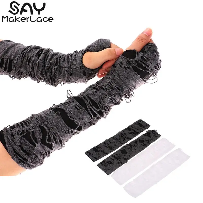 

2PC Casaul Broken Slit Gloves Sexy Gothic Fingerless Gloves Halloween Gloves Black Ripped Holes Decor Cosplay Gloves For Adults