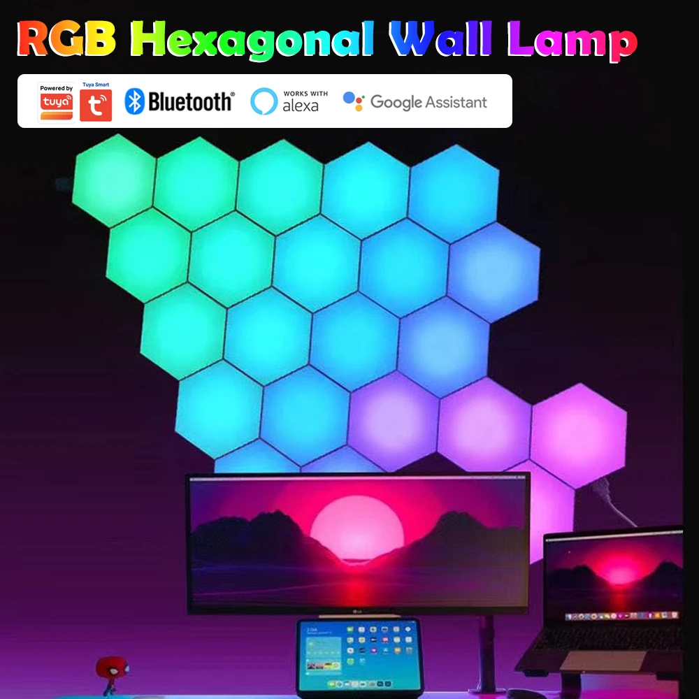 RGB 지능형 육각 벽 램프, 블루투스 투야 와이파이 주변 야간 조명, 실내 게임 룸 침실용 DIY 리듬 픽업 램프