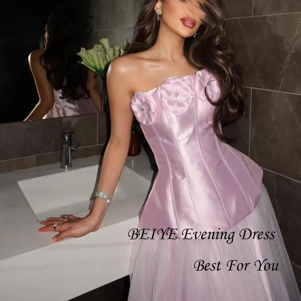 BEIYE Nowoczesna Różowa Satynowa Suknia Wieczorowa w Kształcie Litery A, Kwiaty, Bez Ramiączek, Odkryte Plecy, Plisowana Tiulowa Suknia na Przyjęcie, Szyta na Miarę فساتين سهرة