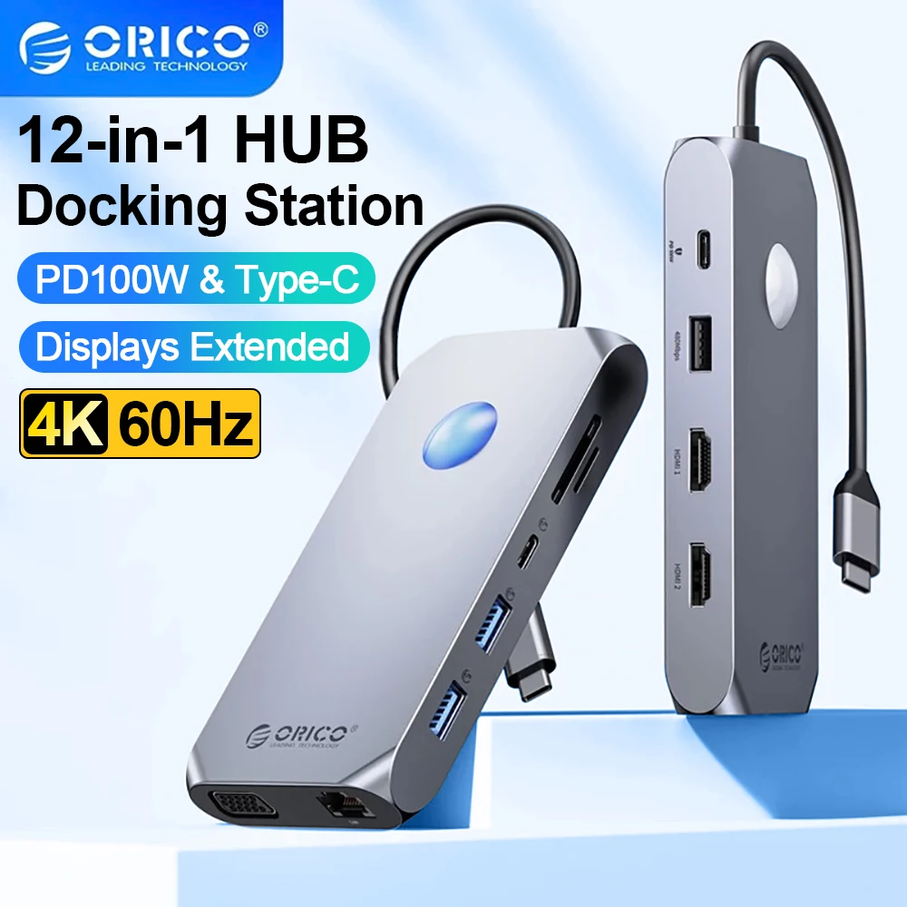 

ORICO USB Type C to HDMI-Compatible HUB Adapter 12-In-1 DP 4K 60Hz RJ45 VGA Converter PD100W USB 3.0 For Macbook PC USB Splitter