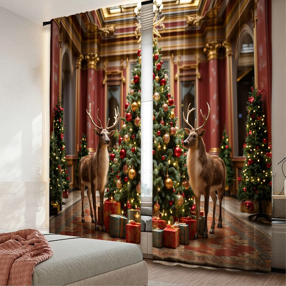 2D-Flachdruck, 2 Stück, Weihnachtsszene, Vorhänge, Weihnachtsbaum und Rentier, digital bedruckte Polyester-Vorhänge, festliche Vorhänge