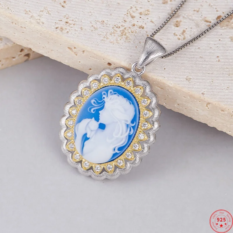 S925 Sterling Silver Charms Pendant for Women Contrast Colored Wire Drawing Goddess Statue Blue Agate Zircon Jewelry Wholesale