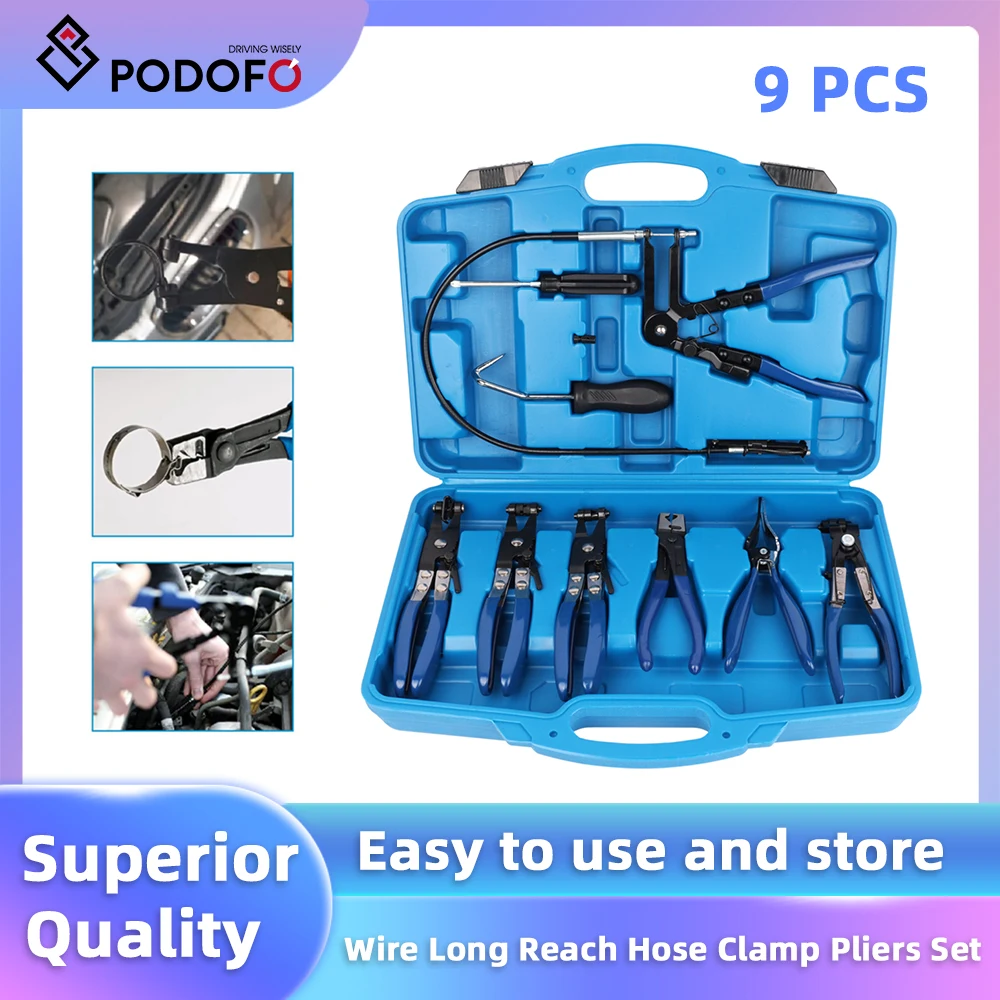 Podofo 9pcs Wire Long Reach Hose Clamp Pliers Set Fuel Oil Water Hose Auto Tools Car Repair Tool Hose Removal Pliers Clamp Plier