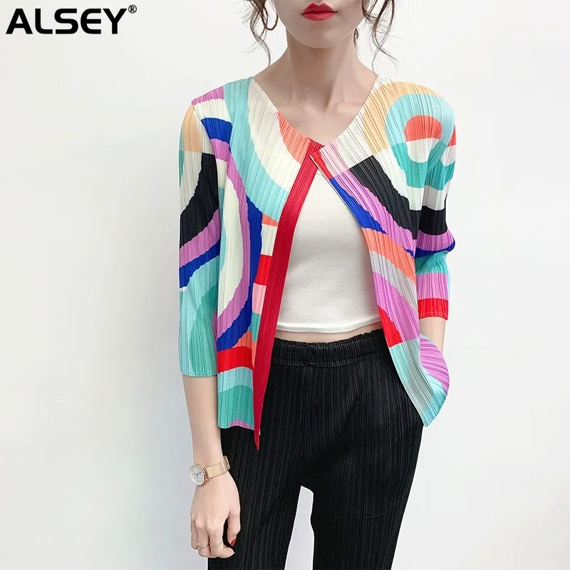 

Женская короткая куртка ALSEY Miyake, кардиган с геометрическим принтом и длинным рукавом, осень 2024