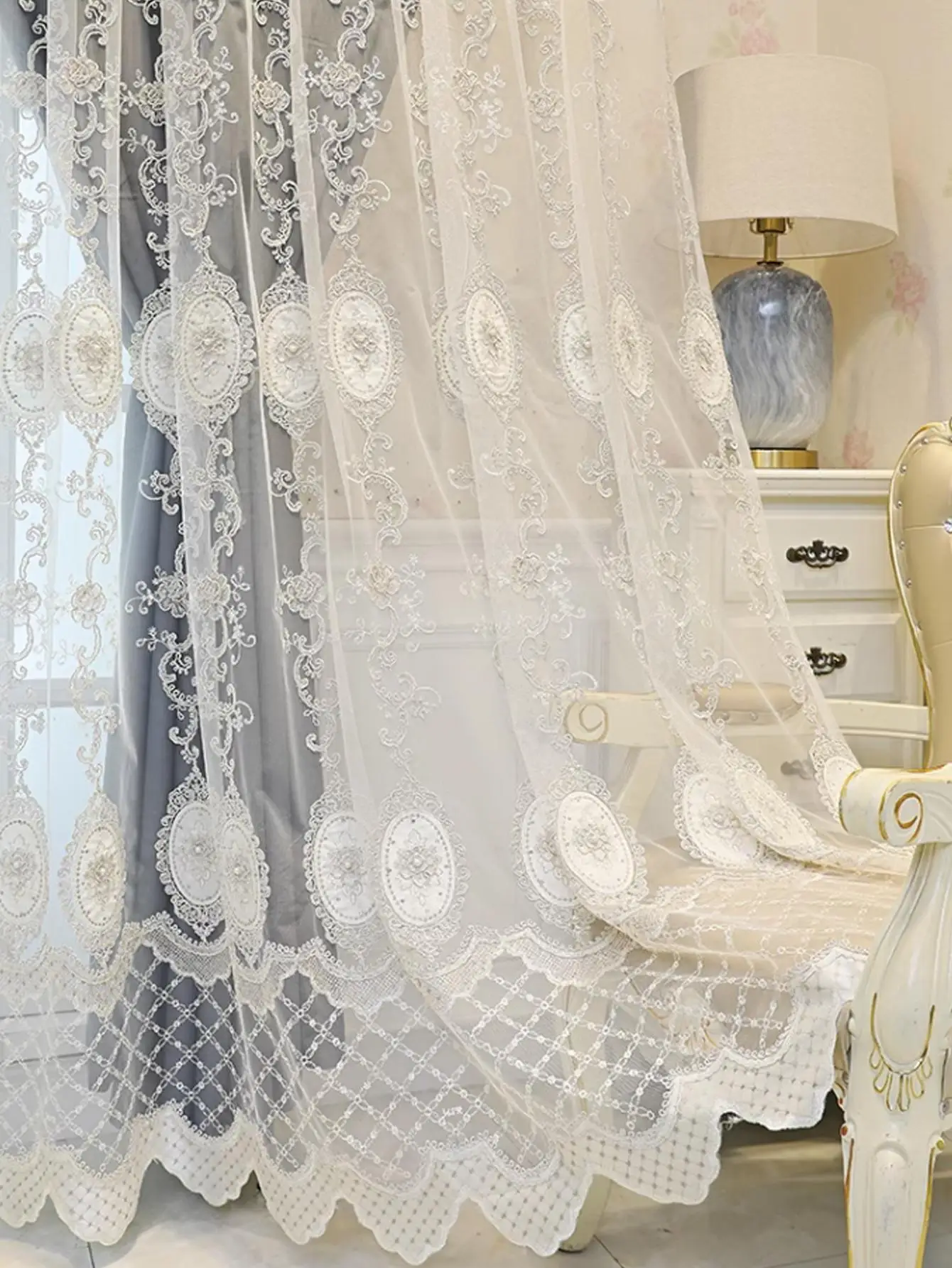 European-style embroidered pearl gauze light luxury one double bedroom living room curtains