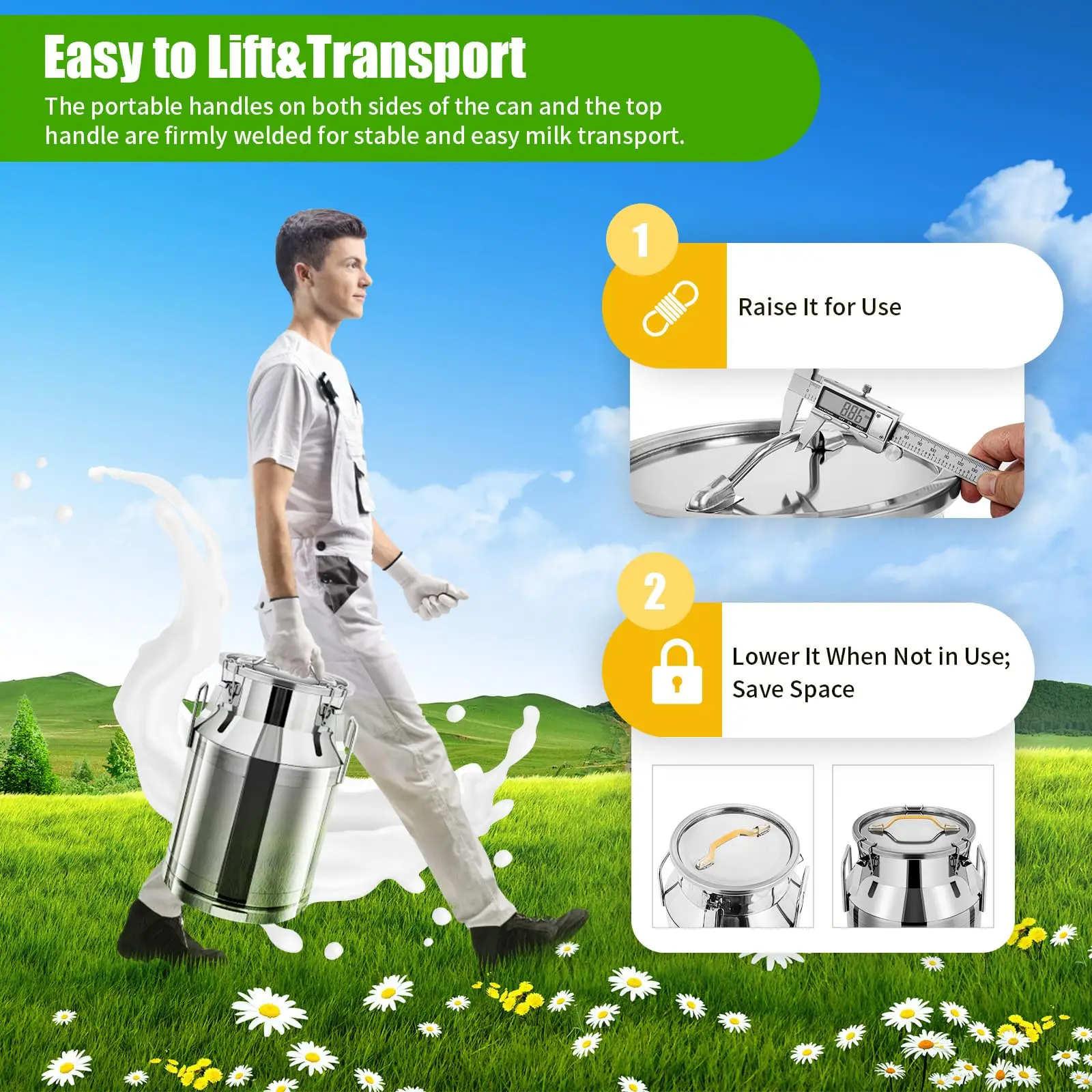 علبة حليب 30 لتر/8 جالون 201 إبريق حليب بدون خياطة من الفولاذ المقاوم للصدأ، حاوية تخزين سائلة مضادة للتسرب مع غطاء محكم ومقبض (30 لتر)