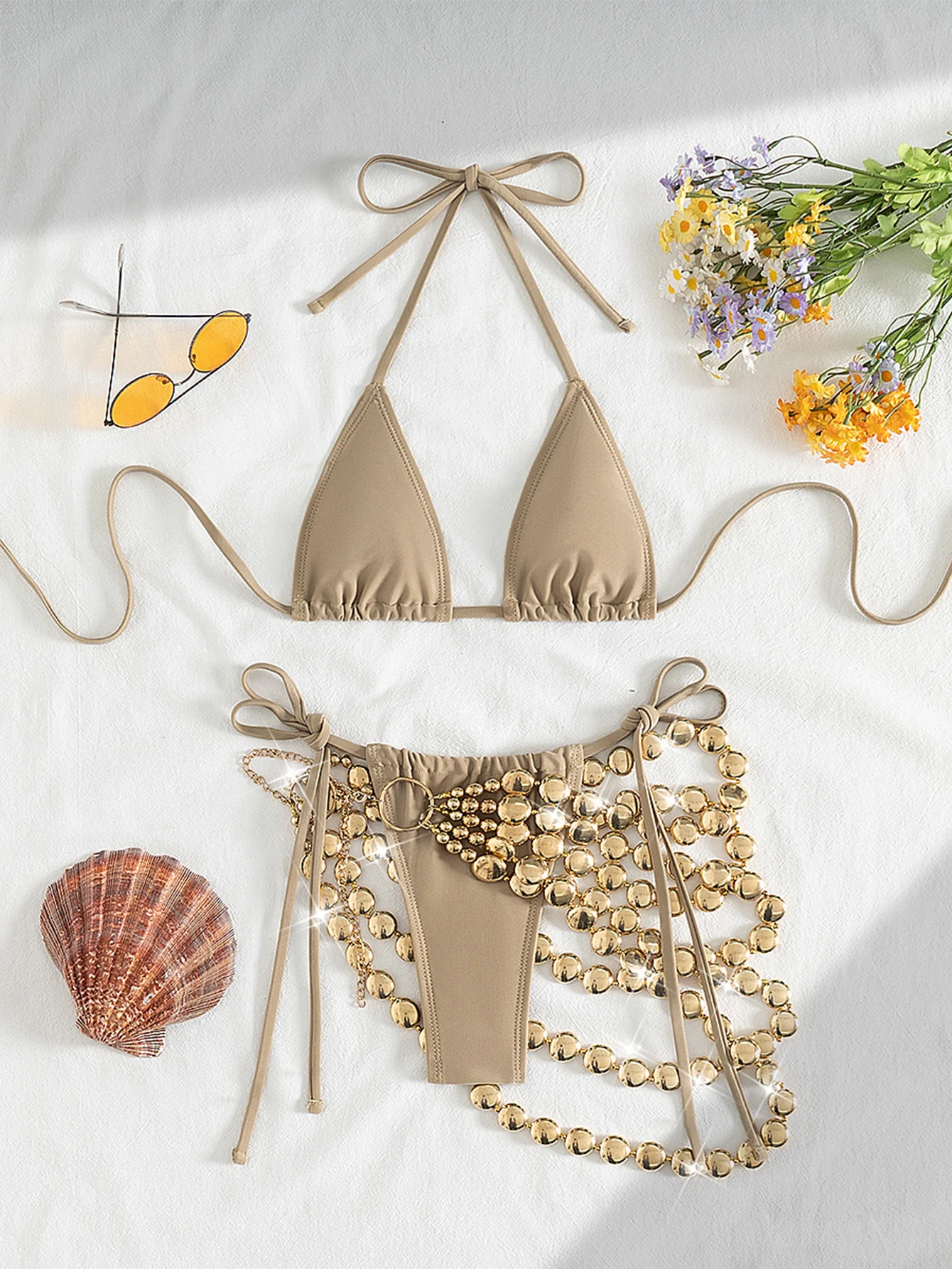 

New Khaki Bikini Set 2026 Women Hollow Out Chain Skirt 3 Piece Swimsuit Beach Bathing Suit Push Up Holiday Swimwear Biquini