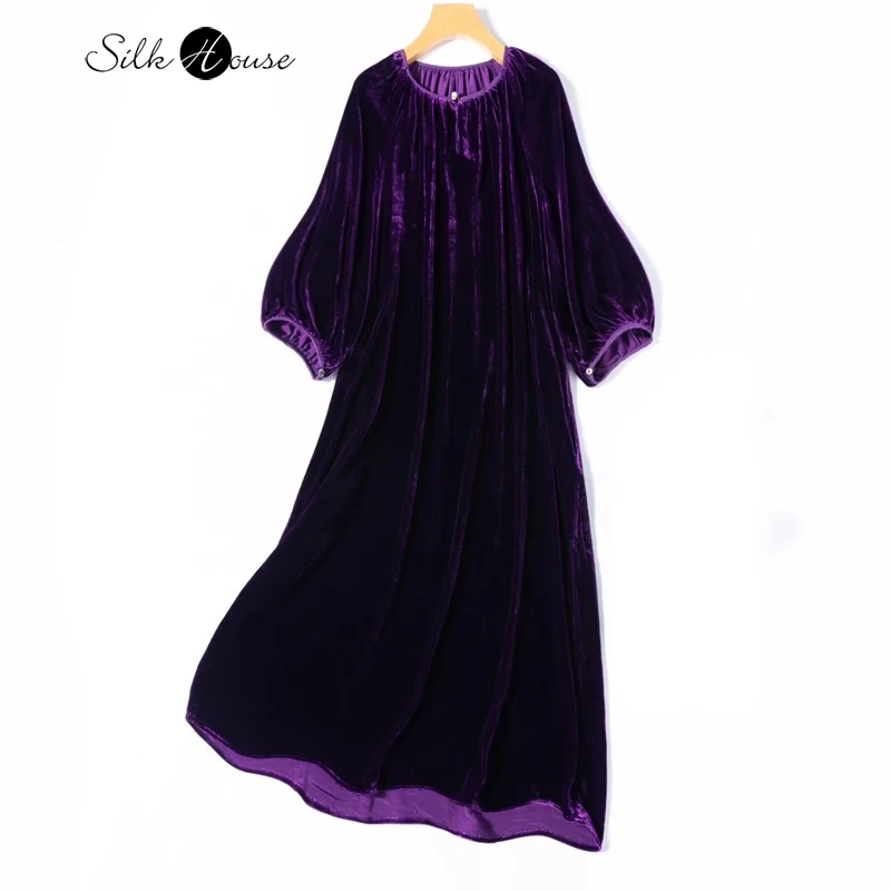 

Retro Light Luxury 30% Natural Mulberry Silk Velvet Round Neck Seven Quarter Lantern Sleeves Loose Women's Purple Party Dress