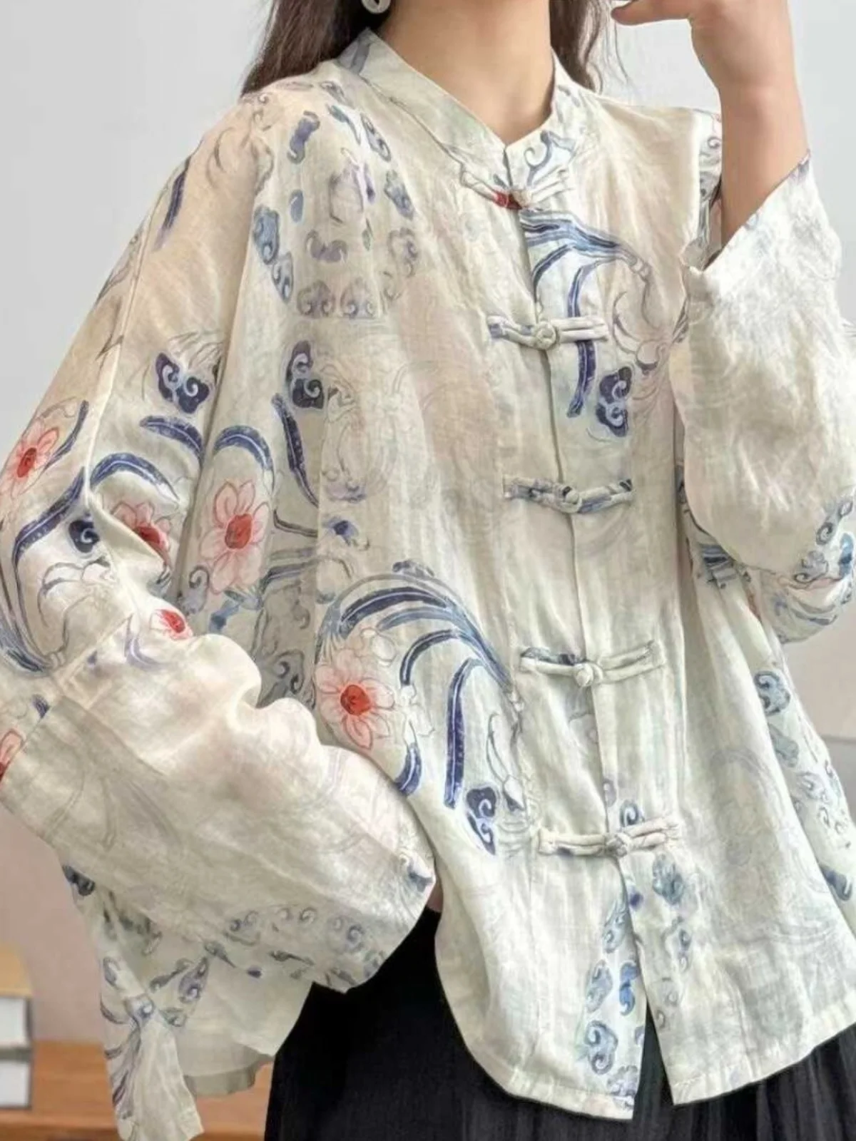 Nova tendência nacional chinesa Sle botão de impressão de linho longo Sve feminino verão solto proteção solar Top irt Commute Retro Lo...