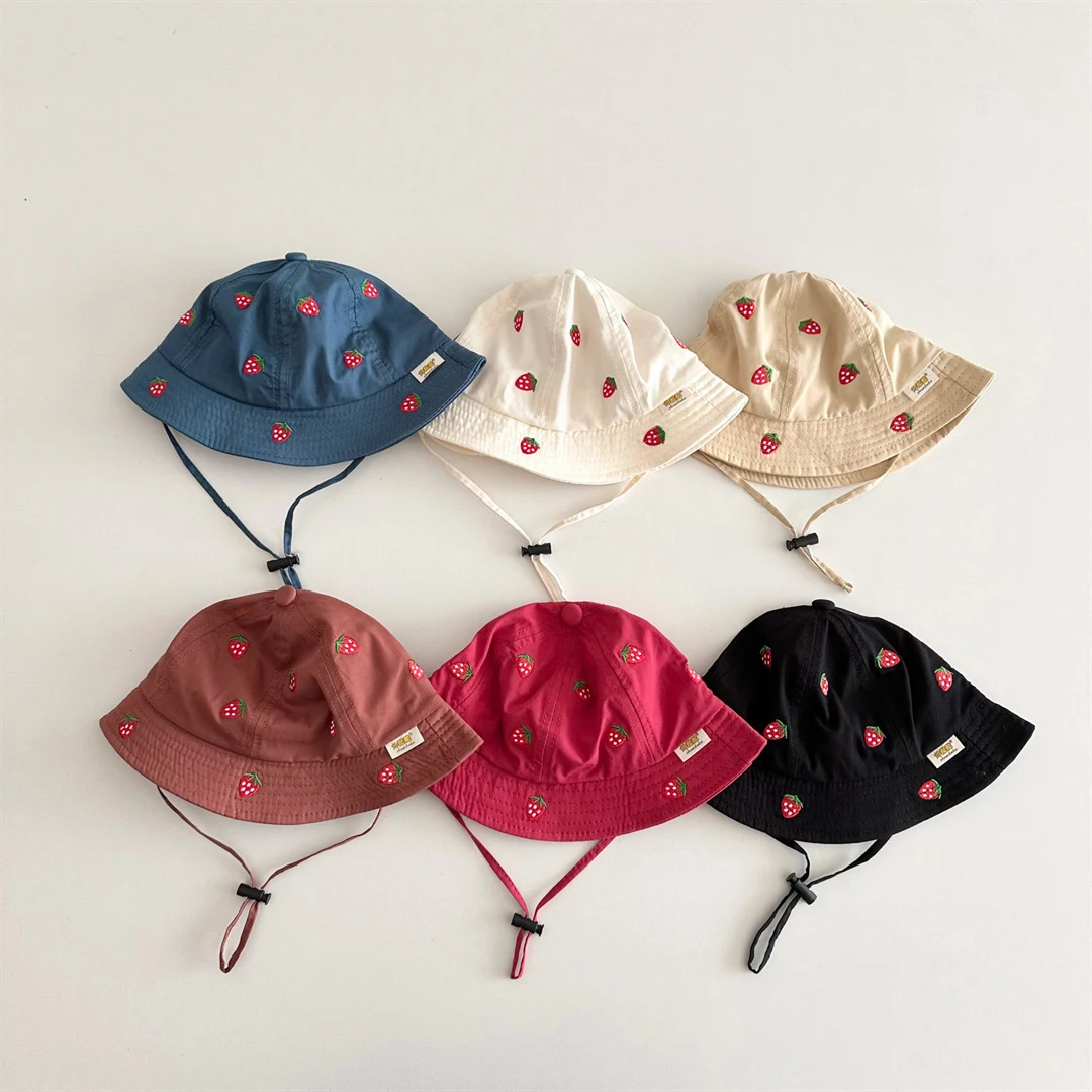 1-4T 6 Colors Children Sun Hat Cute Baby Girls Spring Hat Sweet Embroidered Strawberry Kids Fisherman Hat