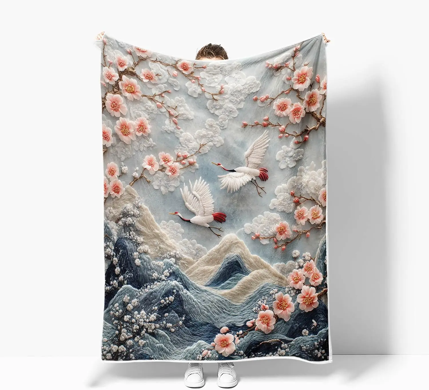 Embroidery Style Pink Plum Red Crain Wave Mountain Light Blue Base Flannel Throw Blanket, Soft Warm Sofa Cover, Oriental Bedroom
