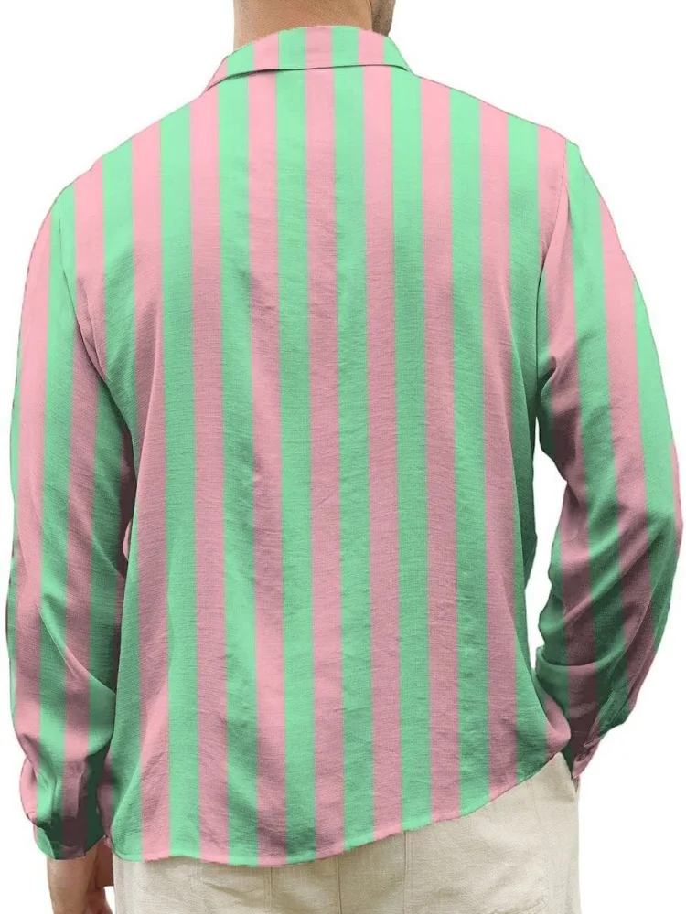 قمصان مطبوعة مخططة على الموضة كبيرة الحجم بأكمام طويلة صدر واحد بوهيمي لخريف 2025 بلوزة جديدة ملابس للعطلات للرجال #2