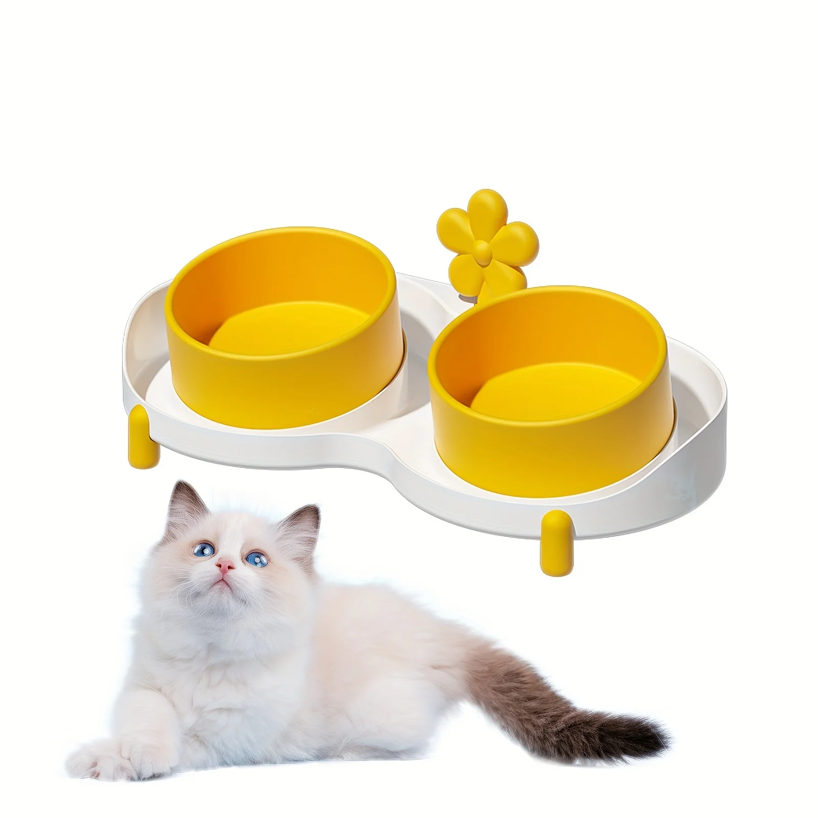 Ceramic Cat Bowls Set - 15° Tilted, Non-Skid Silicone Mat Included, Dual Food & Water Feeder For Cats