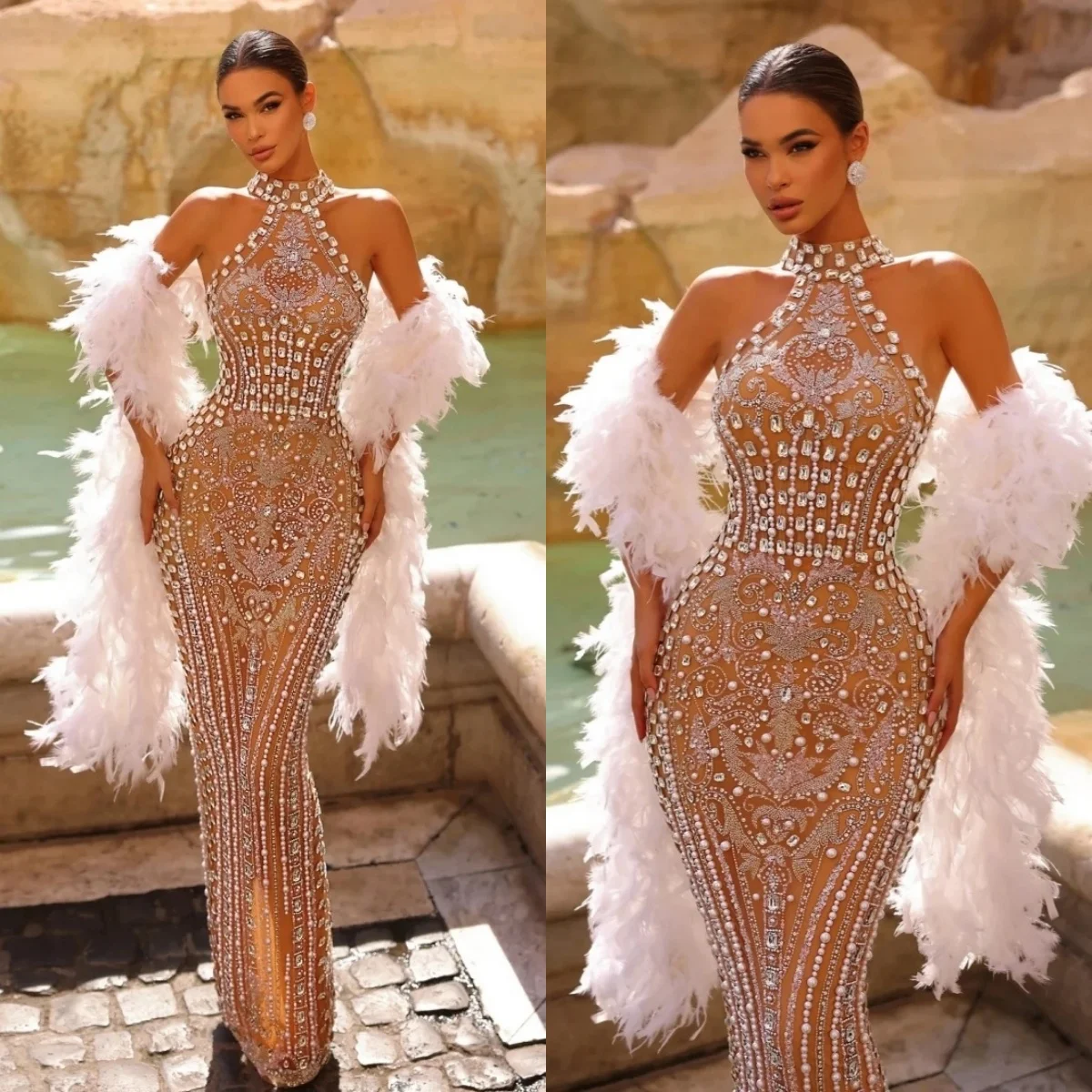Exquisite Crystal Wedding Dresses High Neck Feather Pearls Bridal Gowns Beading Mermaid  Customized Bride Vestidos De Novia