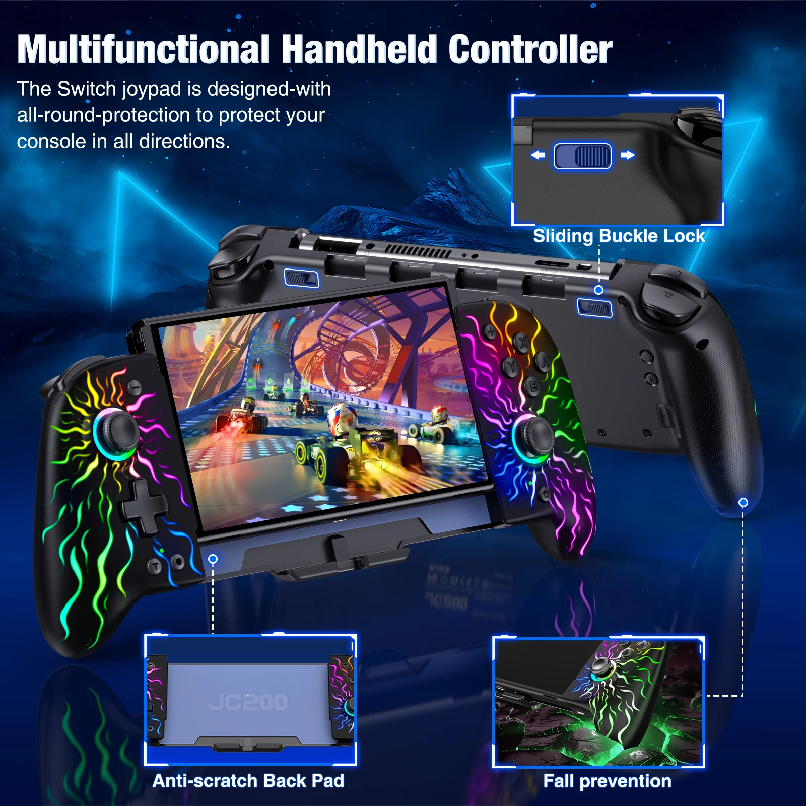 BEBONCOOL JC205 RGB Joystick For Nintendo Switch/Switch OLED Gamepads Built-in 6-Axis Gyro Design Handheld Grip Gamepad