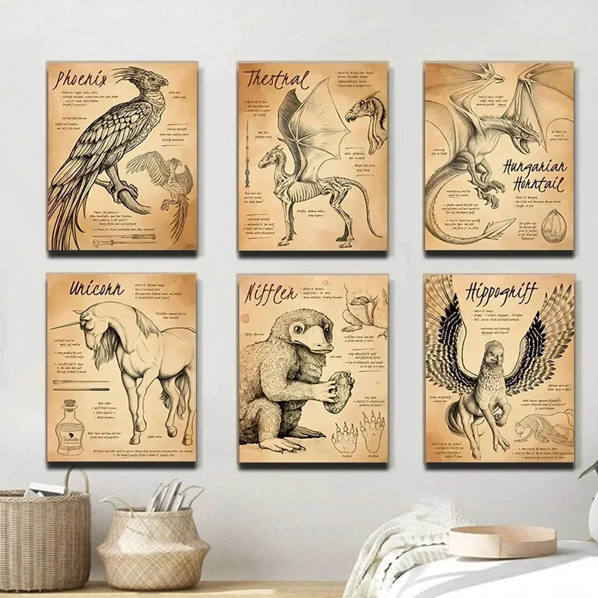 6pcs/set Movie Magical Creatures Dragon Canvas Poster Vintage Animals Fantasy Beasts Aesthetics Decor Murals Fans Gifts