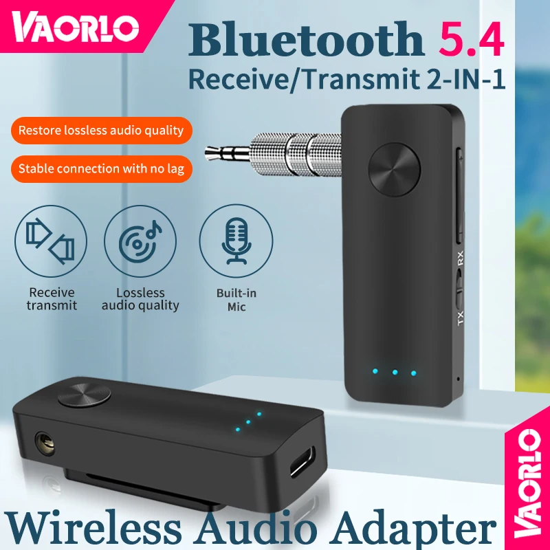 New 2 IN 1 Bluetooth 5.4 Audio Adapter Stereo HIFI Wireless Receiver Transmitter 3.5MM AUX With HD Mic For Airplane Car Kit PC