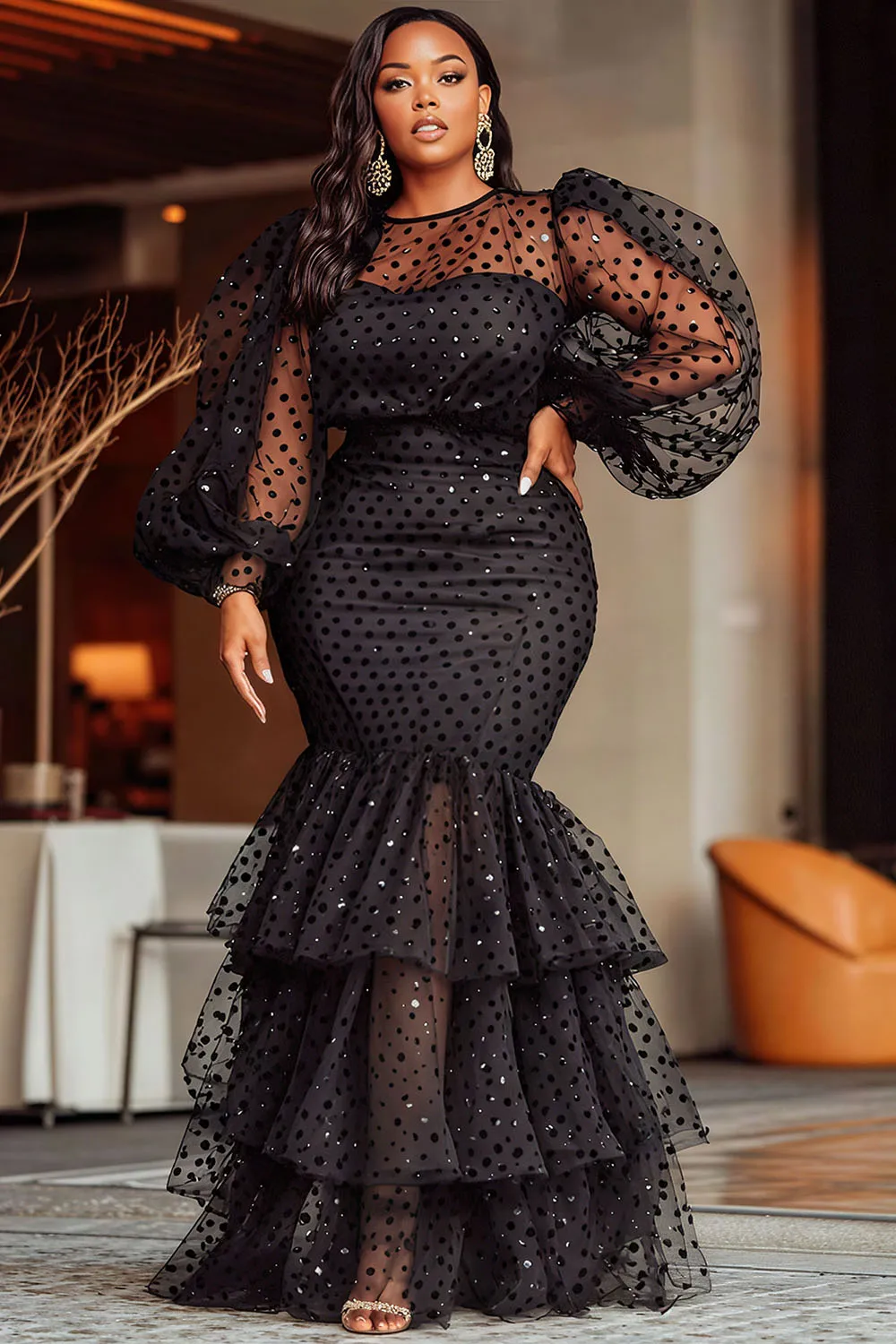 

Plus Size Formal Black Round Neck Lantern Sleeve Long Sleeve Mermaid Vintage See Through Tulle Maxi Dresses