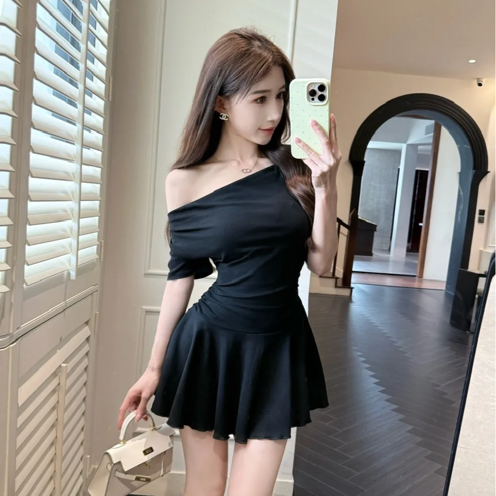 

Women Sexy Black Slanted Shoulder Stretch Cotton Slim Mini Dress Party Club