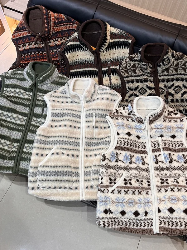 

Outdoor Mountain Series Vintage Fair Isle Lamb Fur Stand Collar Double-sided Fce Warm Vest Jaet Women's Faion