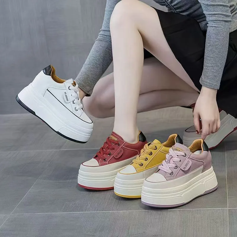 9 Cm High Top Women Wedge Sneaker 2026 Genuine Leather Sneaker Heels Women's Sneakers and Casual Shoes Ботинки Женские Осенние