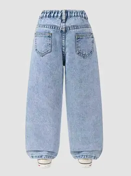 Girls Floral Towel-Stitch Denim Jeans 2 Girls' Floral-Printed Towel-Stitch Denim Jeans Trendy Loose Waist Design Versatile Casual Pants for Kids. Full Elastic Waistband 2