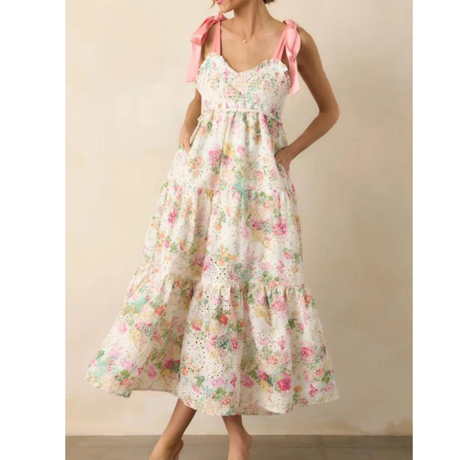 Luxuriöses Sommer-Trägerkleid für Damen, ärmellos, Vintage-Stil, quadratischer Ausschnitt, Schnürbesatz, Druckfarbe, A-Linien-Kleid, kurzes langes Kleid