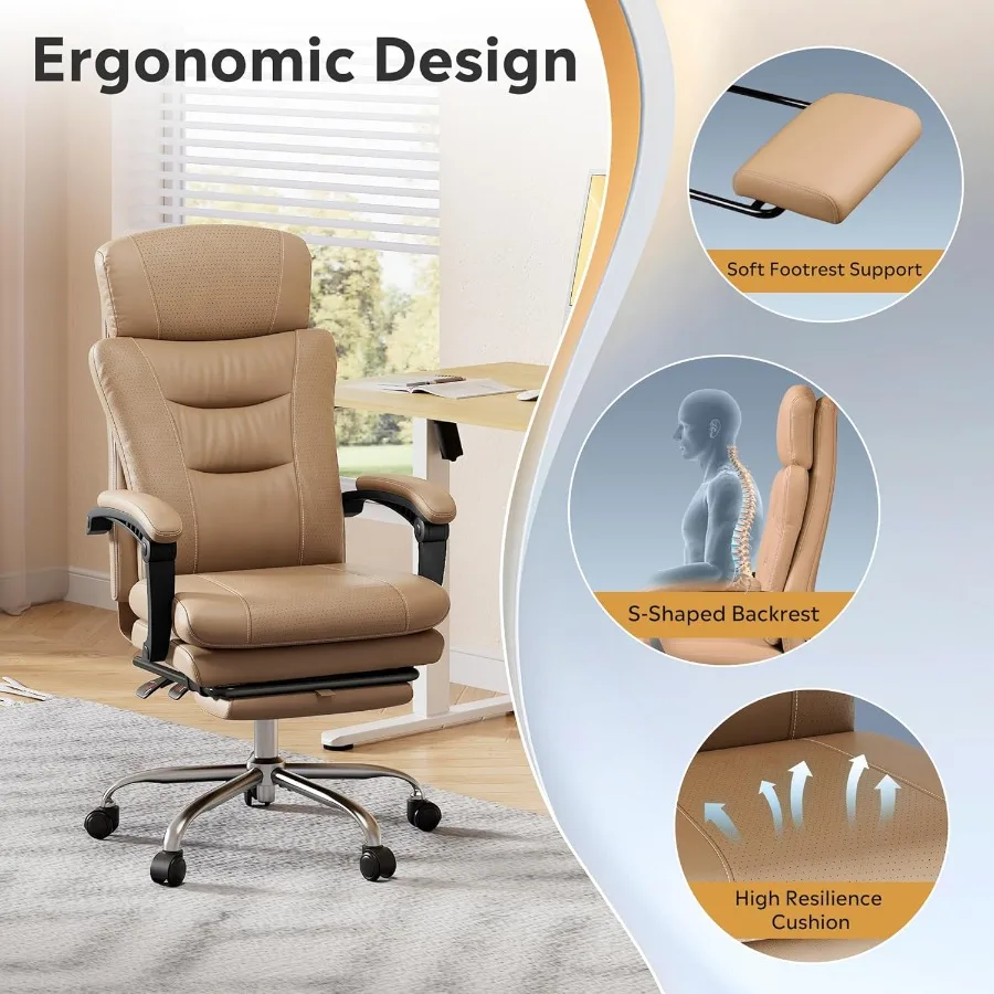 كرسي مكتب منزلي من الجلد التنفيذي مع مسند للقدمين وظهر مرتفع وكرسي مكتب مريح كبير وطويل مع مقاس L #4