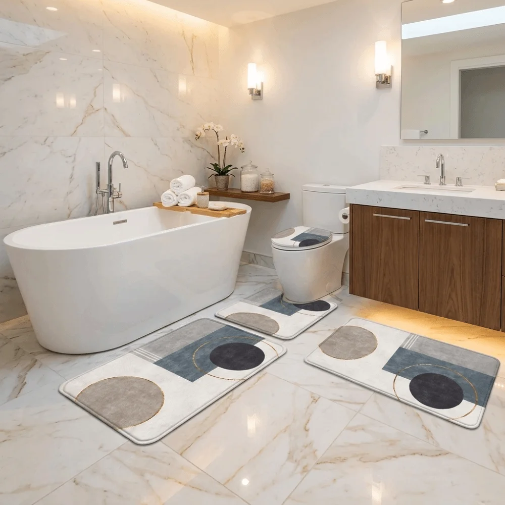3PCS/SET Marble Pattern Bath Mat Set Soft Super Absorbent Non-Slip Rug Quick-Dry Wear Resistant Toilet Lid Cover Bathroom