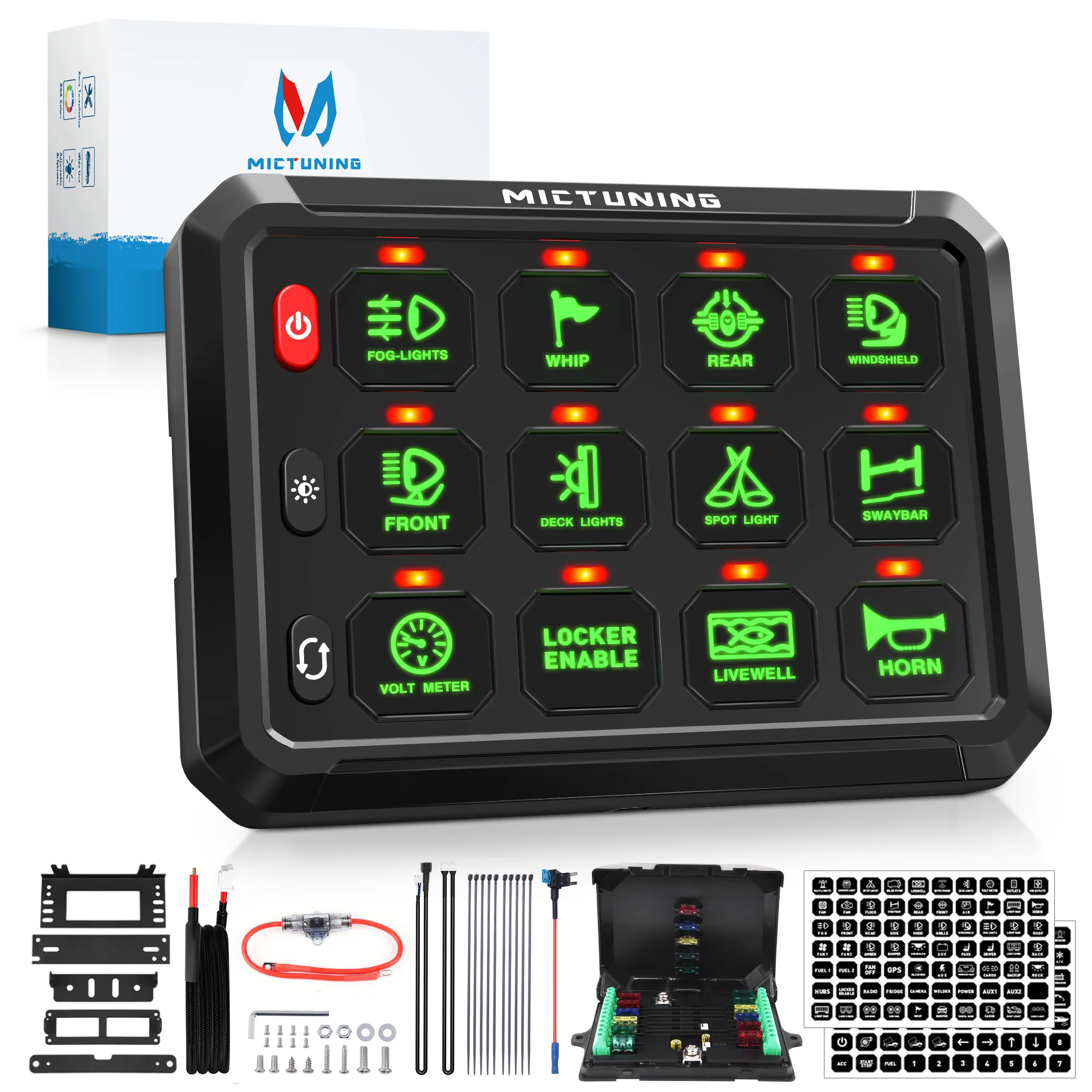 Зеленая панель переключателя микросхем MICTUNING P1s 8/12, реле управления цепью, регулируемая яркость для автомобилей, домов на колесах, квадроциклов, кроссоверов, грузовиков, судов