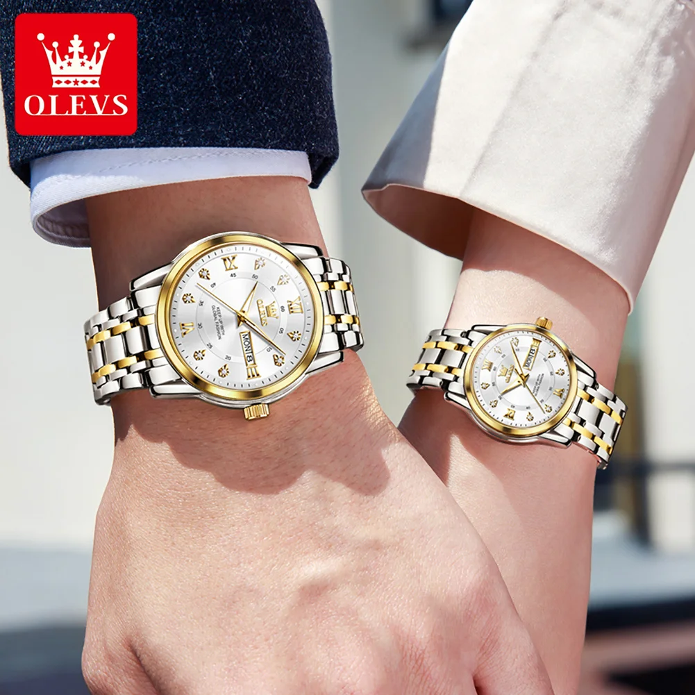 OLEVS 5513 Couple Watch Stainless Steel Waterproof Dual Calendar Trendy Quartz Watch for Men Women Elegant Lover's Wrist Watches
