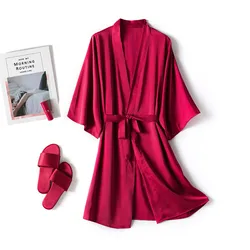 Men Women Silk Satin Soft Bathrobe Solid Color Sexy Kimono Sleepwear Homewear Nightgown Middle Long Dress With Belt Gown Pajamas