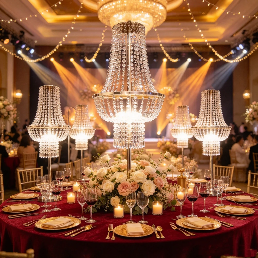 8pcs f30 60-130cm acrylic  Beads Battery Wireless sliver/Gold Chandelier Light stand Crystal Centerpieces for Wedding Table