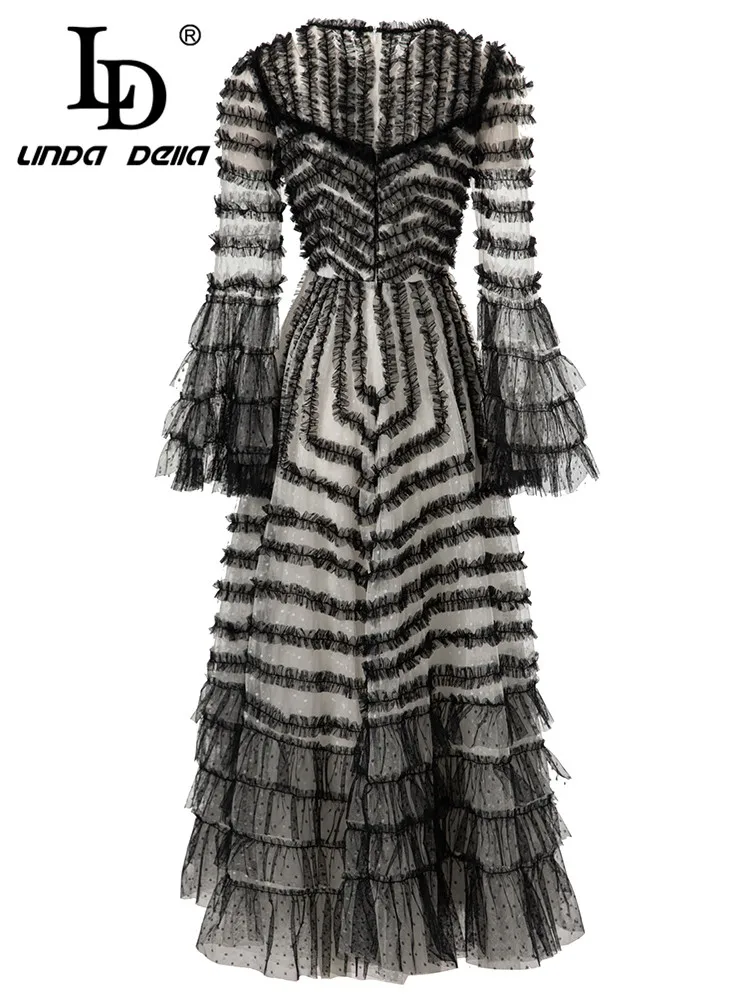 LD LINDA DELLA Elegant and Pretty Vintage Dress Women's Black Lace Flare Sleeve Dot Splice Cascading Ruffle Striped  Long Dress