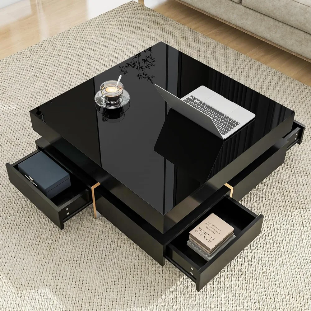 

Coffee Table, Modern High Gloss Coffee Table with 4 Drawers, Multi-Storage Square Center Cocktail Tables with Wood Grain Legs