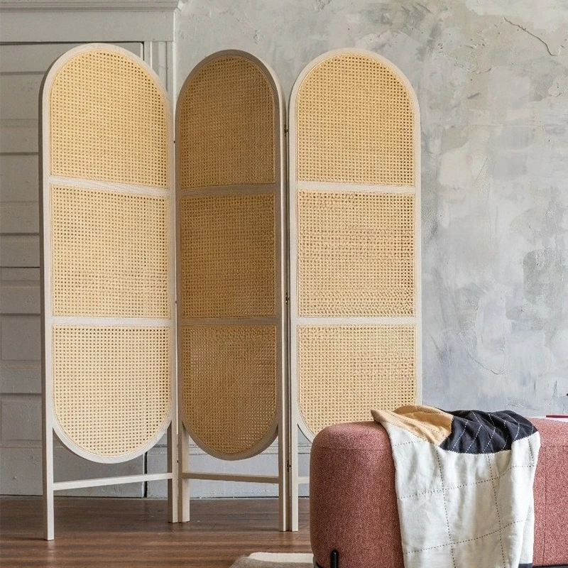 Solid wood folding screen rattan partition living room folding mobile bedroom blocking home entrance wall simple black retro
