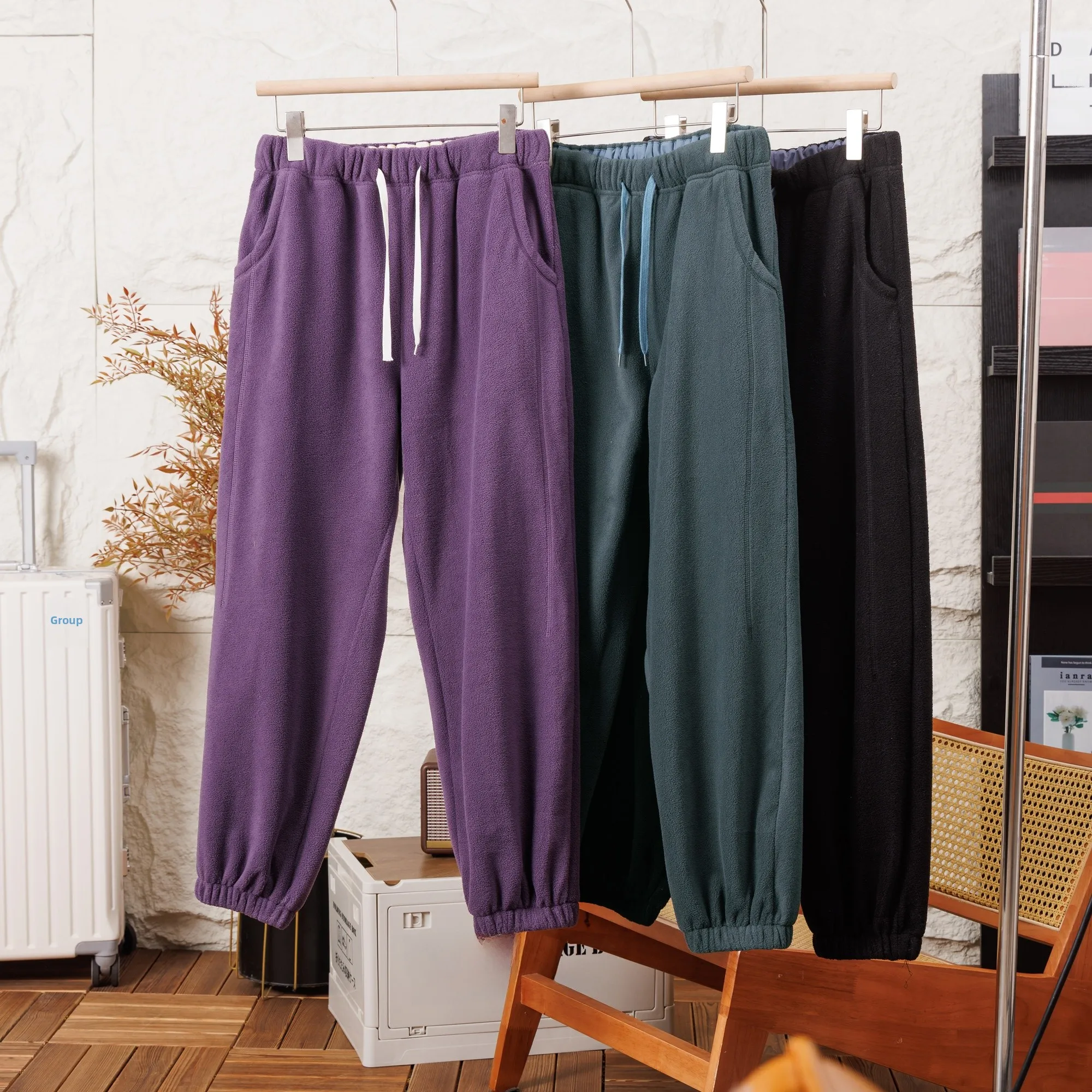 

Outdoor Mountain System Couple Casual Elastic Waist Fce Lined Cuffed Pants Soft Sports Long Trousers Men Women