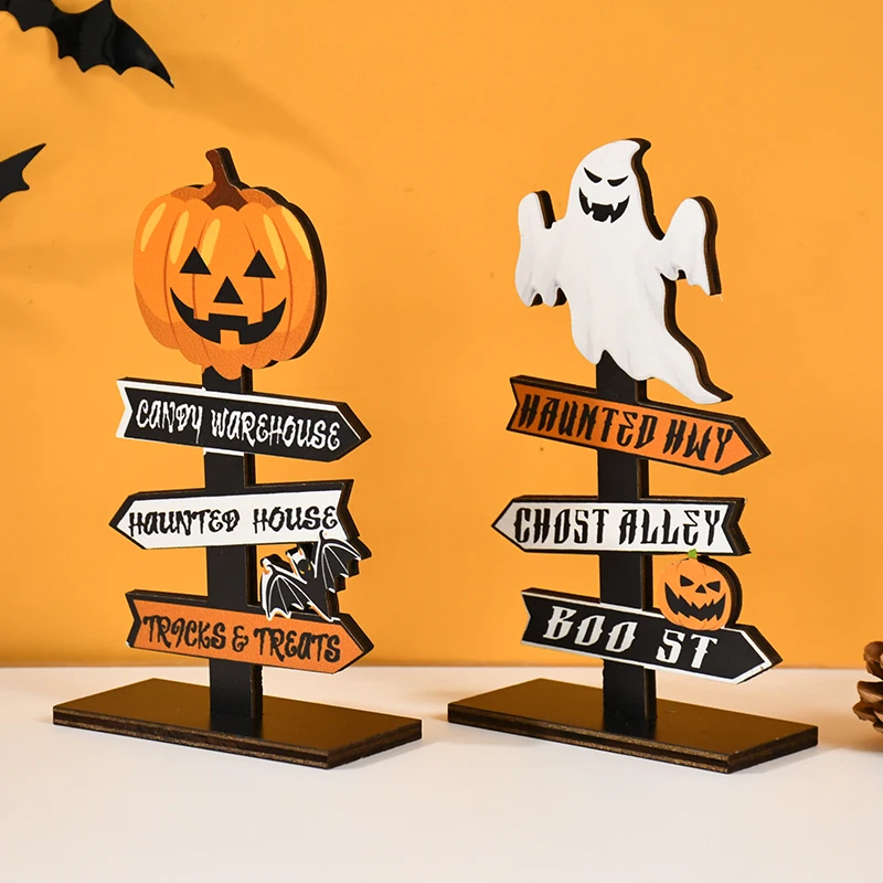 Halloween Wooden Ornaments Pumpkin Ghost Bat Trick or Treat Home Table Decoration Halloween Party Desktop Horror Decor Kids Toys