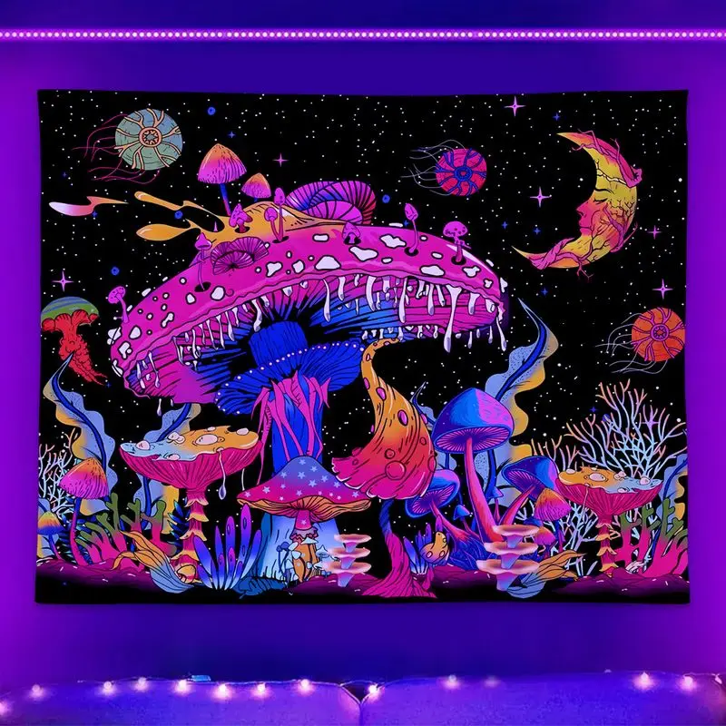 VIKAMA Neon Blacklight Mushroom Tapestry Jellyfish Moon Stars Trippy Glow Art Soft for Living Room Bedroom Wall Decor