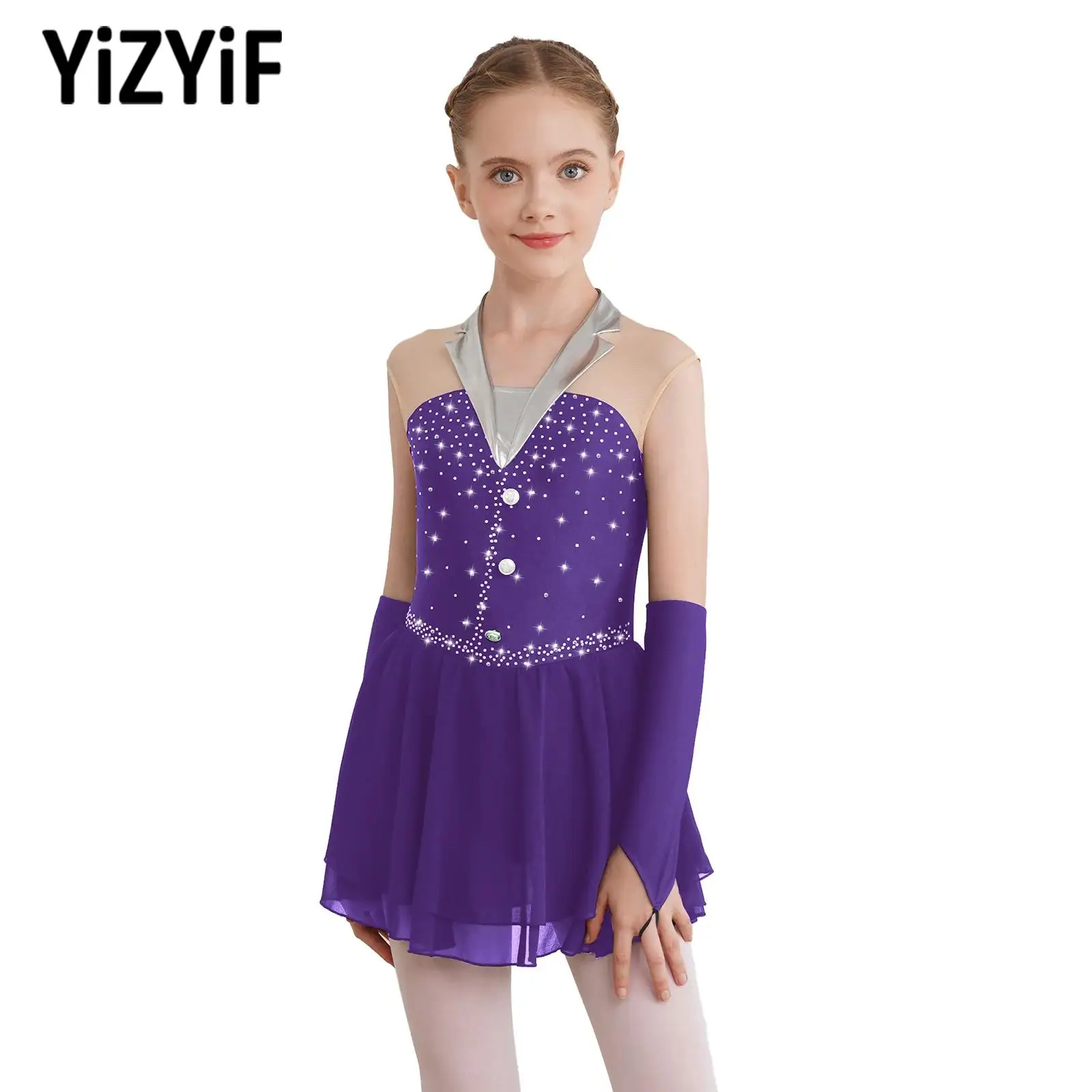 

Children Kids Girls Shiny Skating Lyrical Ballet Dance Dress with Fingerless Gloves Costumes for Latin Cha-cha Stage Dancewear