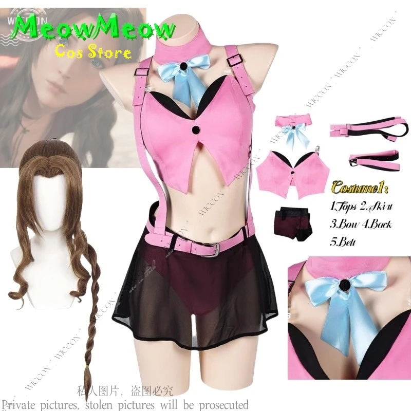 

Aeris Aerith Gainsborough Cosplay FINAL FANTASY Costume Wig Pink Suit Skirt Outfit For Adult Women Sexy Swimsuit Bikini Set