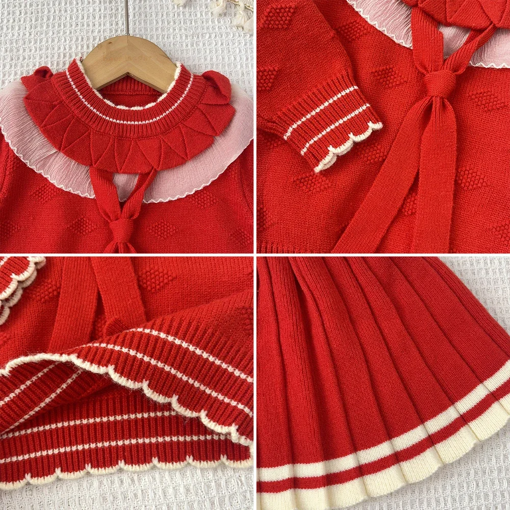 Herbst- und Winter-Set für süße Babymädchen: Gestrickter Pullover, modische Kinderkleidung, zweiteiliges Set für Mädchen, grünes langärmeliges Oberteil + Faltenrock – Detail 13