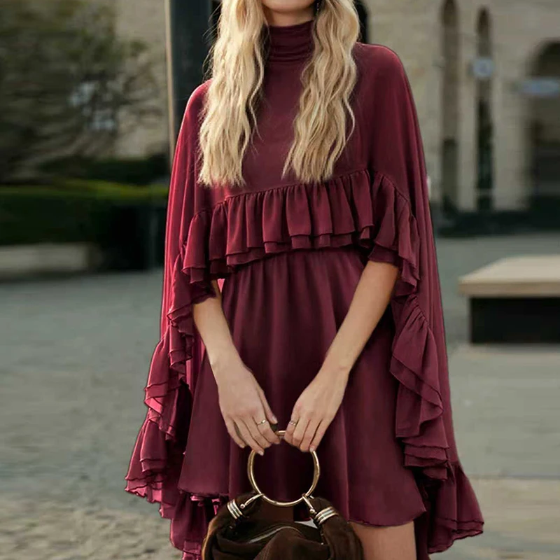 

Chiffon Solid Color Loose Holiday Dress Casual Ruffle Edge Pleated Irregular Dress Fashion Women's High Waisted Commuting Dress