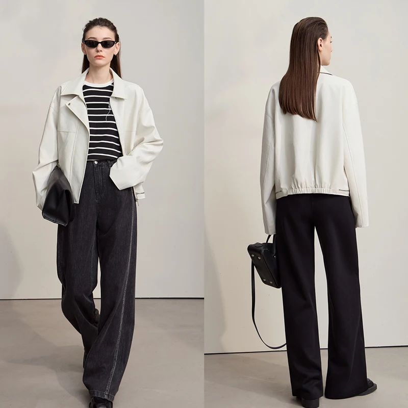 Amii Leather Dacket Women 2025 Autumn New Minimalist Lapel Loose PU Leather Zipper Shoulder Long Sleeve Coat for Woman 12543228