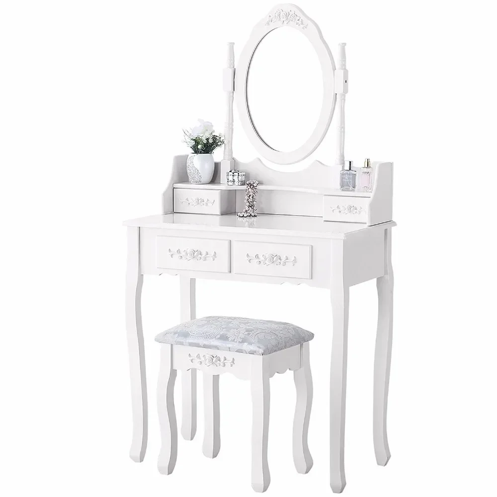 

A Luxury White Dressing Table With Mirror And Stool, Vanity Table Set 4 Drawers Bedroom Dresser