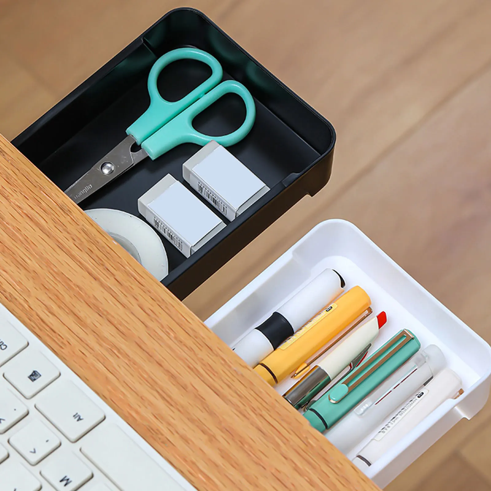 

2pcs Adhesive Drawer Box Storage Case Large Capacity Desk Organizer Under Shelf Pen Stationery Bathroom Kitchen Study