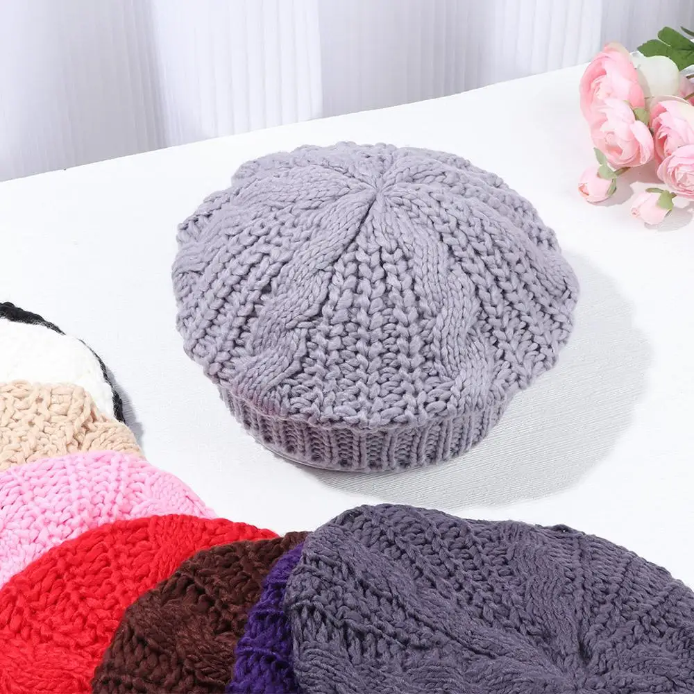 

Women Knitted Beret Hat Winter Warm Ribbed Chunky French Artist Cap Vintage Plain Beret Hat Lady Winter Caps