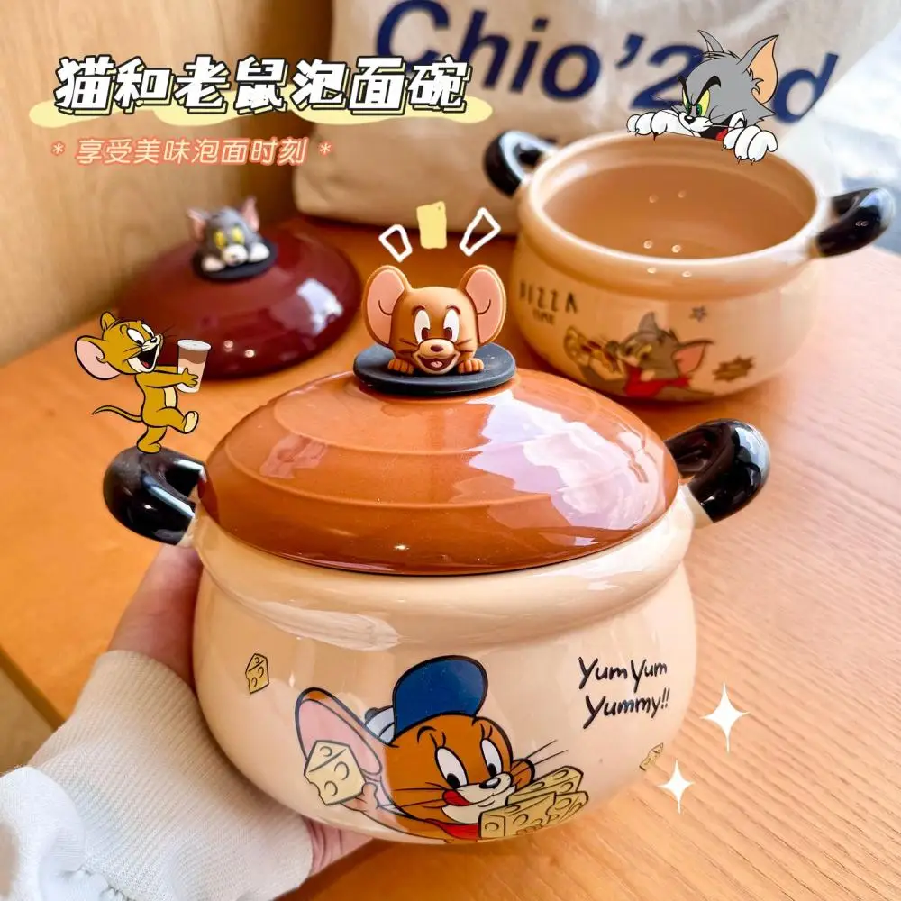 Cartoon Tom and Jerry Ceramic Instant Noodle Bowl Cute Anti-Scald Household Use Dormitory Tableware Kawaii Soup Bowl with Lid