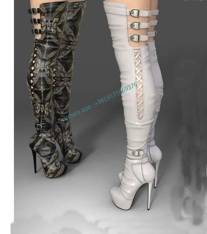 Buckle Hollow Platform Sexy Thin High Heel Boots Women Thigh High Club Party Boots Leopard Shoes Evening Fashion New Style Lady